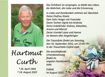 Traueranzeige von Hartmut Curth von Südthüringer Presse