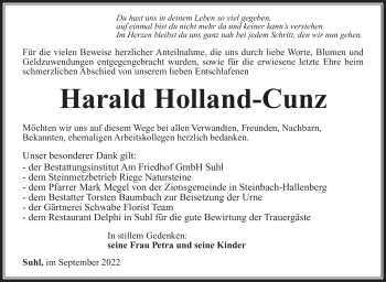 Traueranzeige von Harald Holland-Cunz von Südthüringer Presse