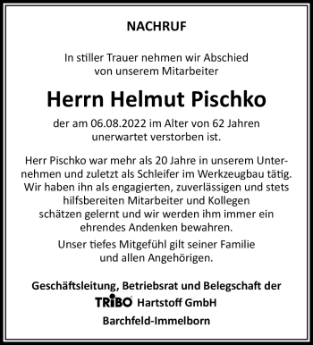 Traueranzeige von Helmut Pischko von Südthüringer Presse