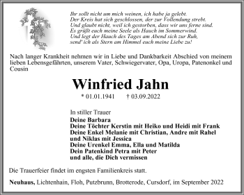 Traueranzeige von Winfried Jahn von Südthüringer Presse