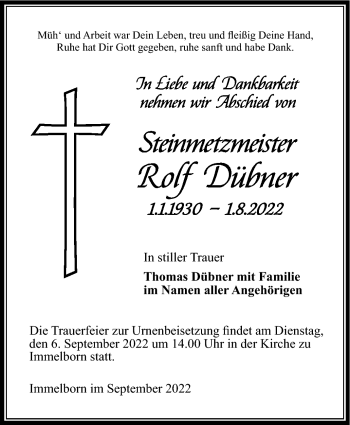 Traueranzeige von Rolf Dübner von Südthüringer Presse