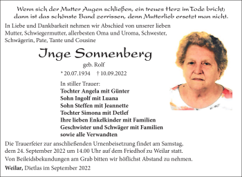 Traueranzeige von Inge Sonnenberg von Südthüringer Presse