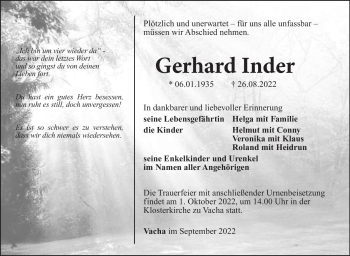 Traueranzeige von Gerhard Inder von Südthüringer Presse