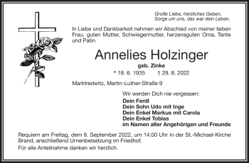 Traueranzeige von Annelies Holzinger von Frankenpost