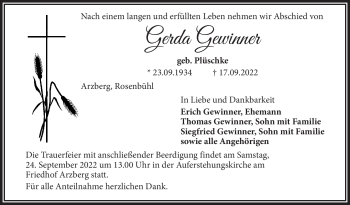 Traueranzeige von Gerda Gewinner von Frankenpost