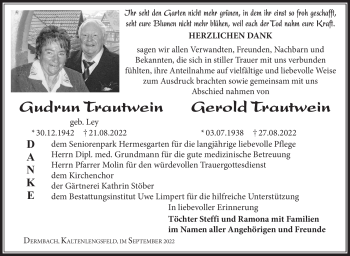 Traueranzeige von GeroldGudrun TrautweinTrautwein von Südthüringer Presse