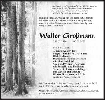 Traueranzeige von Walter Großmann von Südthüringer Presse