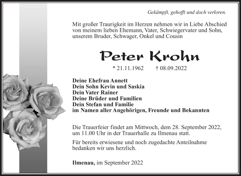  Traueranzeige für Peter Krohn vom 23.09.2022 aus Südthüringer Presse