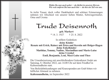 Traueranzeige von Trude Deisenroth von Südthüringer Presse
