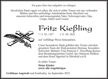 Traueranzeige von Fritz Kießling von Südthüringer Presse
