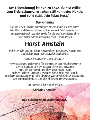 Traueranzeige von Horst Amstein von Südthüringer Presse