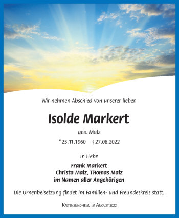 Traueranzeige von Isolde Markert von Südthüringer Presse
