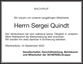 Traueranzeige von Sergei Quindt von Frankenpost
