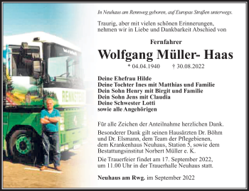 Traueranzeige von Wolfgang Müller-Haas von Südthüringer Presse