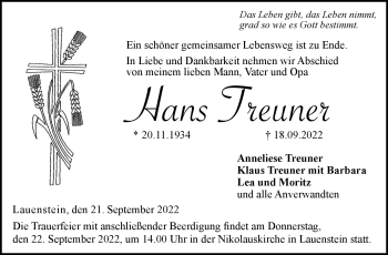 Traueranzeige von Hans Treuner von Neue Presse Coburg