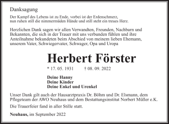 Traueranzeige von Herbert Förster von Südthüringer Presse
