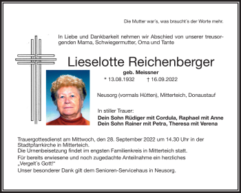 Traueranzeige von Lieselotte Reichenberger von Frankenpost