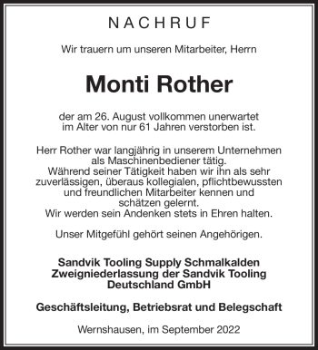 Traueranzeige von Monti Rother von Südthüringer Presse