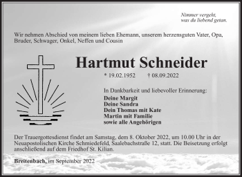 Traueranzeige von Hartmut Schneider von Südthüringer Presse