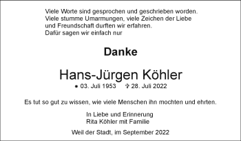Traueranzeige von Hans-Jürgen Köhler von Südthüringer Presse