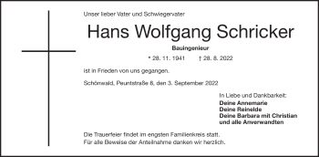 Traueranzeige von Hans Wolfgang Schricker von Frankenpost