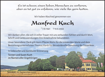 Traueranzeige von Manfred Kuch von Südthüringer Presse