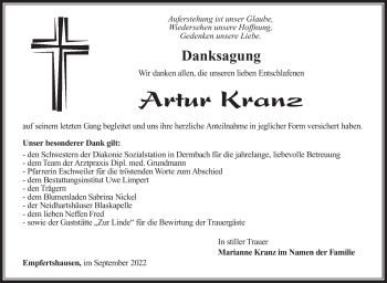 Traueranzeige von Artur Kranz von Südthüringer Presse