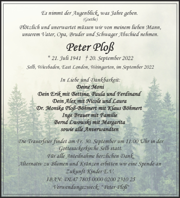 Traueranzeige von Peter Ploß von Frankenpost