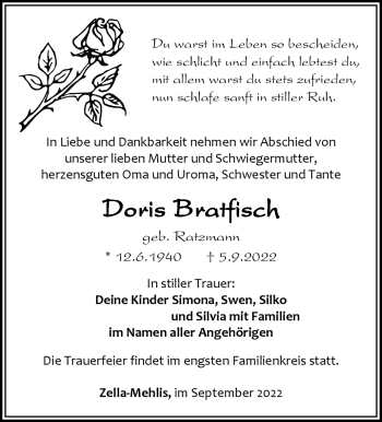 Traueranzeige von Doris Bratfisch von Südthüringer Presse