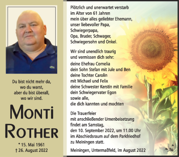 Traueranzeige von Monti Rother von Südthüringer Presse