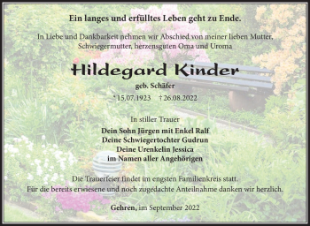 Traueranzeige von Hildegard Kinder von Südthüringer Presse
