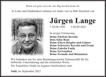 Traueranzeige von Jürgen Lange von Südthüringer Presse