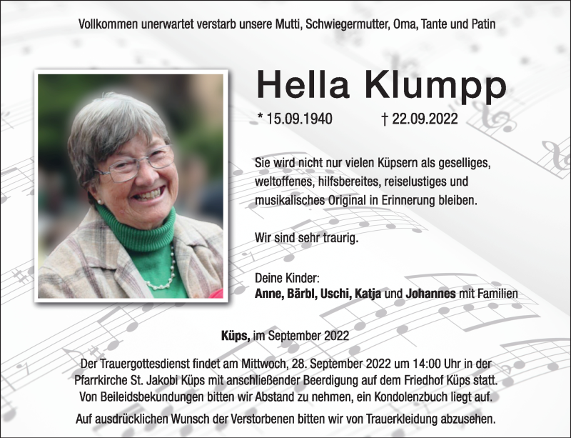  Traueranzeige für Hella Klumpp vom 26.09.2022 aus Neue Presse Coburg