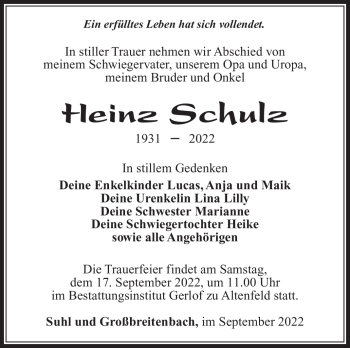 Traueranzeige von Heinz Schulz von Südthüringer Presse