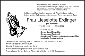 Traueranzeige von Lieselotte Erdinger von Frankenpost