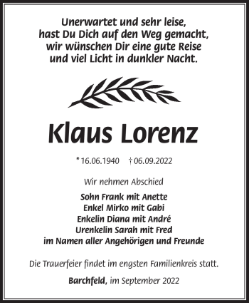 Traueranzeige von Klaus Lorenz von Südthüringer Presse