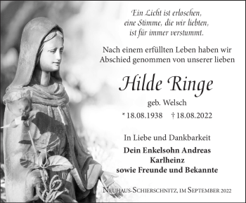 Traueranzeige von Hilde Ringe von Südthüringer Presse