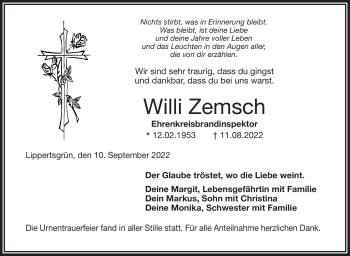 Traueranzeige von Willi Zemsch von Frankenpost