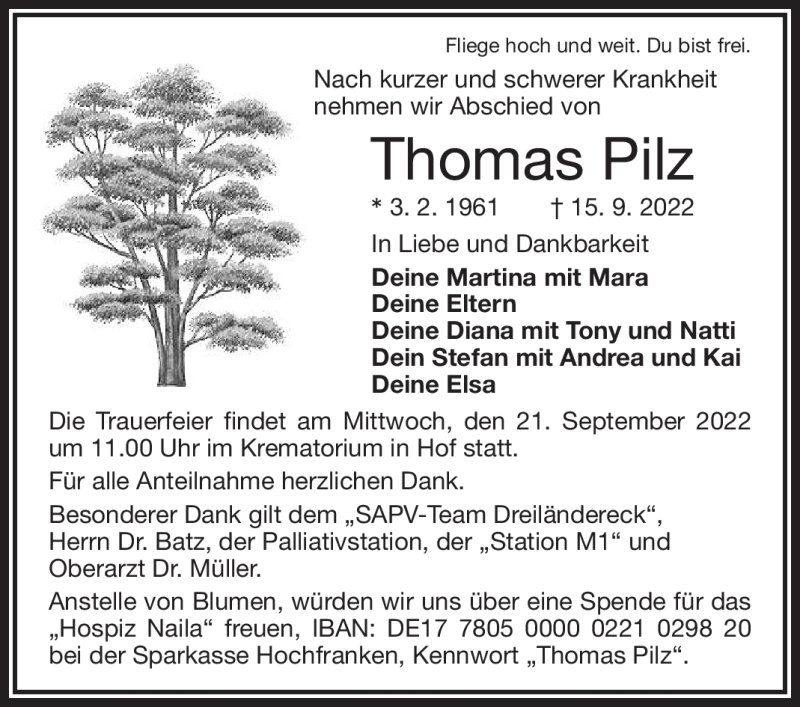  Traueranzeige für Thomas Pilz vom 19.09.2022 aus Frankenpost