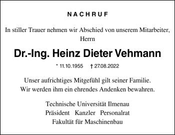 Traueranzeige von Dr.-Ing. Heinz Dieter Vehmann von Südthüringer Presse