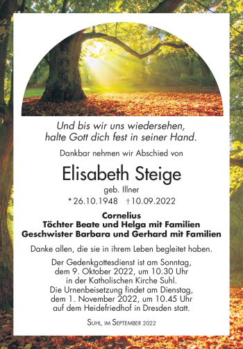 Traueranzeige von Elisabeth Steige von Südthüringer Presse