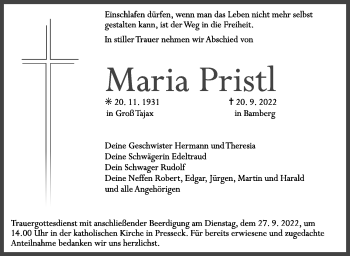 Traueranzeige von Maria Pristl von Frankenpost