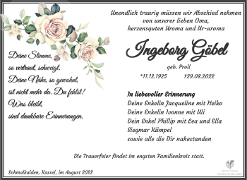 Traueranzeige von Ingeborg Göbel von Südthüringer Presse