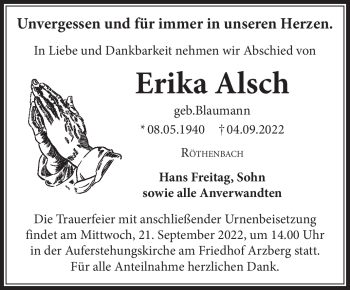 Traueranzeige von Erika Alsch von Frankenpost