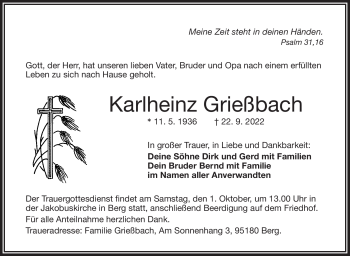 Traueranzeige von Karlheinz Greißbach von Frankenpost