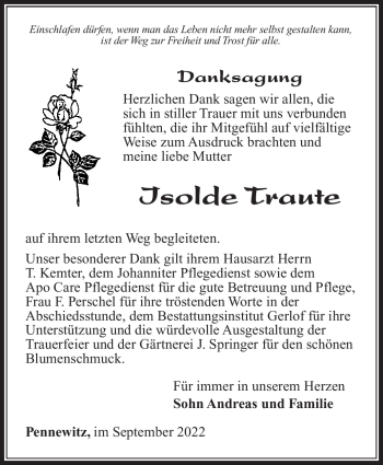 Traueranzeige von Isolde Traute von Südthüringer Presse
