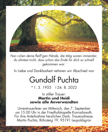 Traueranzeige von Gundolf Puchta von Frankenpost