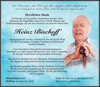 Traueranzeige von Heinz Bischoff von Südthüringer Presse