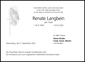 Traueranzeige von Renate Langbein von Neue Presse Coburg