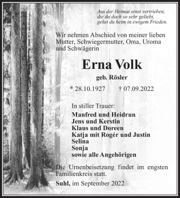 Traueranzeige von Erna Volk von Südthüringer Presse